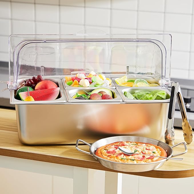 Tessco for you 16 Pcs Ice Food Spice Serving Display Countertop Chilled Condiment Container Set with Lid, Stainless Steel Salad Cold Caddy for Buffet Restaurant Kitchen Party(5 Compartments)