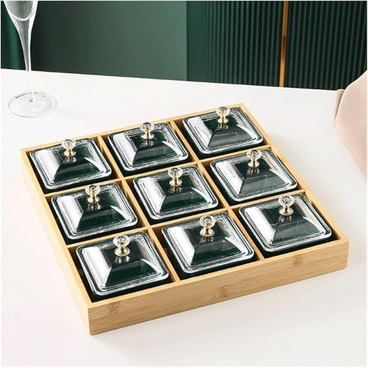 Seasoning Plate Green Ceramic Spice Plate with Lid and Bamboo Tray. 3 Removable Dip Bowls Used for Appetizers, Potato Chips, Fruits, Sweets and Spices Ceramic Sauce Plates (