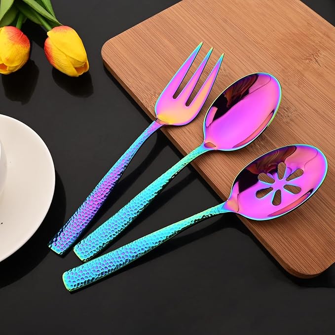 JASHII 5-Piece Rainbow Hammered Flatware Hostess Set Stainless Steel Serving Fork Slotted Serving Spoon Butter Knife Teaspoon Set for Buffet Party Mirror Polished Dishwasher Safe