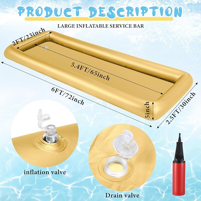 Large Inflatable Serving Bar 72 x 30 x 5'' Inflatable Ice Serving Buffet Bar Inflatable Cooler Ice Buffet Salad Serving Trays with Drain Plug for Pool Outdoor Party Picnic(Gold,1 Pack)