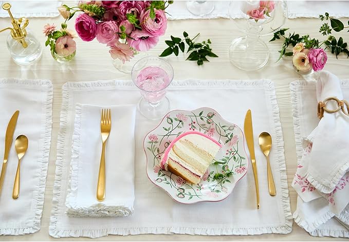 Solino Home White Linen Placemats 14 x 19 Inch - 100% Pure Linen Juliette Ruffle Placemats Set of 4 - Handcrafted and Machine Washable Table Mats for Christmas, New Year
