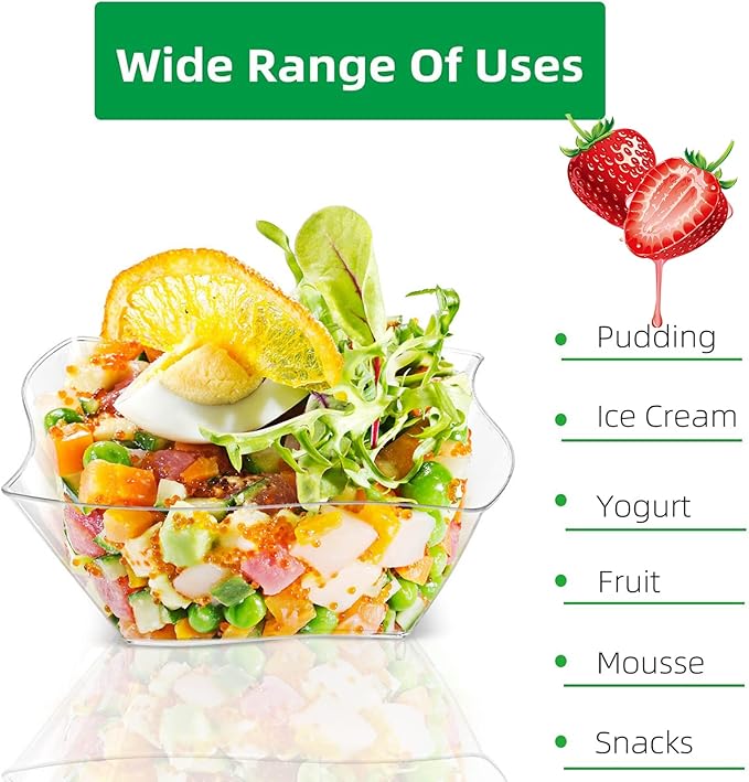 150 Pack 5 oz Clear Plastic Dessert Cups with 150 Tasting Spoons, Square Parfait Appetizer Plates Bowls for Party, Weddings