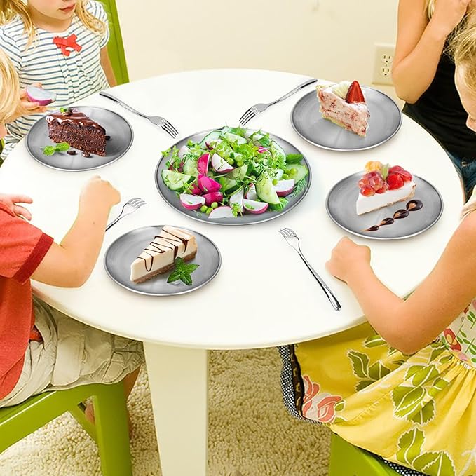 Metal Camping Plates, 4 Pack 9.1 inch 304(18/8) Stainless Steel Plates, Reusable Pizza Food Serving Snack Eating Salad Dishes Round Shatterproof Plate Silver Dinnerware Dinner Oven Safe