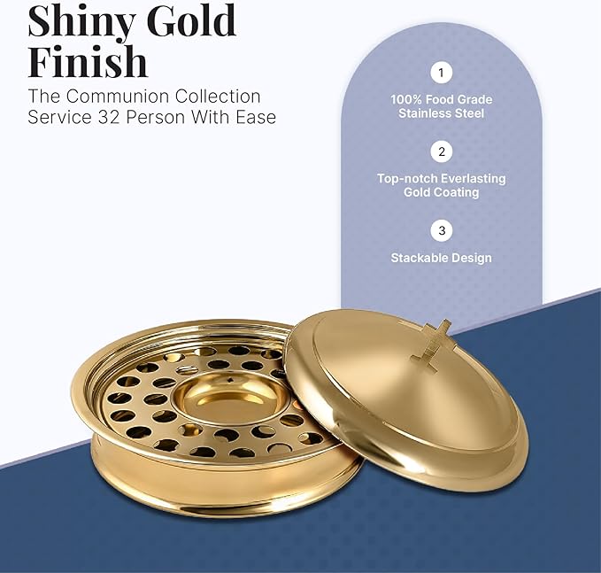 Communion Ware Holy Serving Tray Including Center Bread Plate with A Cover - Stainless Steel (Brass Mirror)