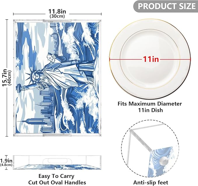 Serving Tray with Handles Clear Acrylic Tray 12x16 Inch Decorative Rectangular Tray Organizer for Ottoman Coffee Table Bathroom Statue of Liberty New York Skyline Waves Blue