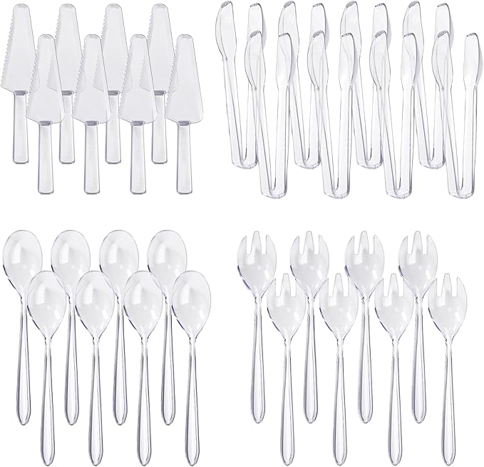32 Pcs Disposable Plastic Serving Utensils Set with 8 Pcs 9.7" Spoons Forks, 8 Pcs 9.5" Knives, and 8 Pcs 6.3" Tongs for Serving Food, Cake, Birthday Party, Buffet, and Cutlery (Clear)