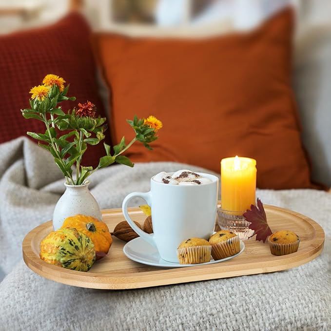 Tanlade 8 Pieces Bamboo Serving Tray Oval Bamboo Serving Tray Rustic Wood Trays for Crafts Large Christmas Decorative Wooden Platter for Tea Coffee Table Cup Food Kitchen Dessert Veggie, 16 x 10 Inch