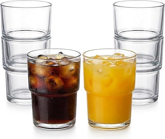 BenRain Stackable Drinking Glasses (Set of 6) – 13oz Clear Glass Cups for Iced Coffee, Juice & Beer – Modern Space Saving Highball Tumblers with Smart Non-Stick Design – Heavy Base & Dishwasher Safe