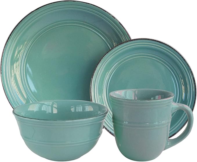 American Atelier Round Dinnerware Sets | Aqua Blue Kitchen Plates, Bowls, and Mugs | 16 Piece Stoneware Madelyn Collection | Dishwasher & Microwave Safe | Service for 4