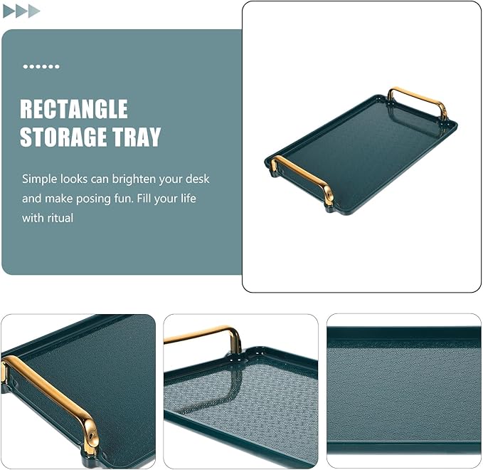 VALICLUD Rectangular Household Storage Tray with Handles, Small Textured Dark Green Tea Set Serving Tray for Kitchen and Dining Table Organization