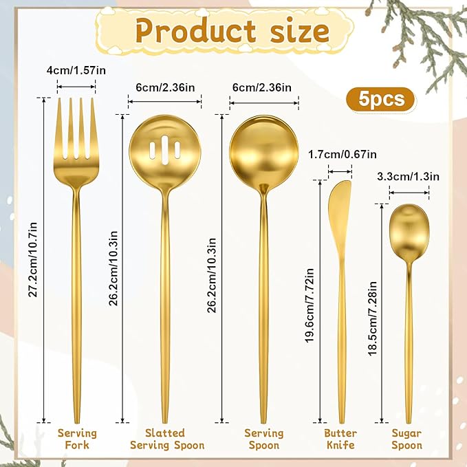 5 Pcs Gold Stainless Steel Serving Utensils Set 10 Inch Gold Serving Flatware Set, Includes Servings Fork, Slotted Spoon, Sugar Spoon, Butter Knife for Buffet, Wedding, Party