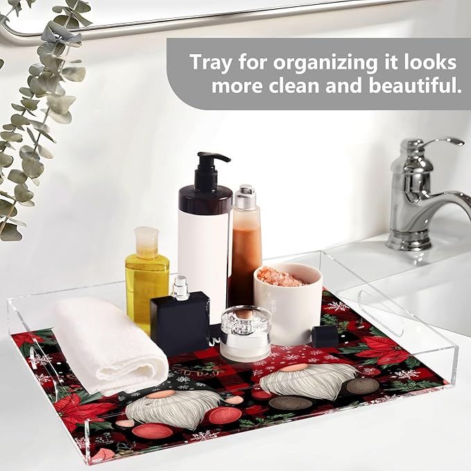 Serving Tray with Handles Clear Acrylic Tray 12x16 Inch Decorative Rectangular Tray Organizer for Ottoman Coffee Table Bathroom Red Black Checkered Christmas Gnomes Holly