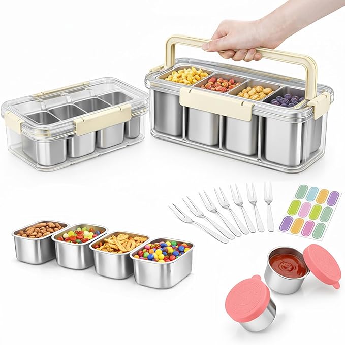 Metal Snackle Box Set, German-Inspired Stainless Steel Design, Leak-Resistant 2-Pack Snack Tray Organizer with 8-Container Removable Tray System, Dipping Cups Included for Travel Family Parties