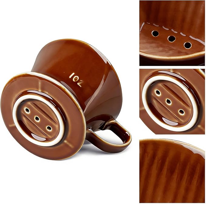 Handmade Pour Over Ceramic Coffee Dripper - Authentic Brewing Experience for Camping, Office, and Home (Coffee Brown)