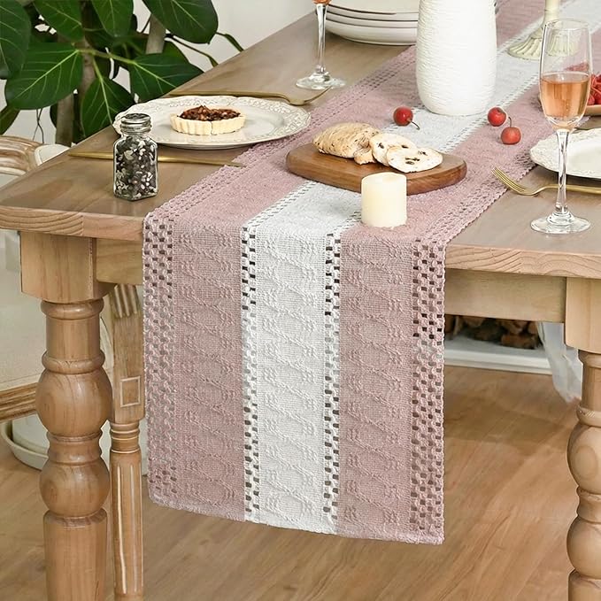 Artoid Mode Pink Farmhouse Rustic Table Runner, Seasonal Hollow Kitchen Dining Table Decoration for Home Party Decor 12x60 Inch