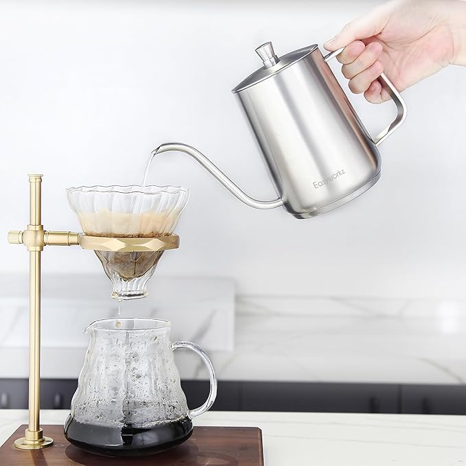 Easyworkz Gooseneck Pour Over Coffee Kettle 30 fl oz Stainless Steel Hand Drip Coffee Pot With Long Narrow Spout, Suitable for Induction Cookers, Silver