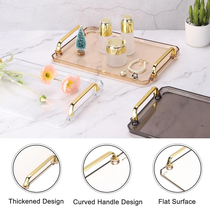 PATIKIL 12 x 8.6 Inches Plastic Serving Tray with Golden Handles, Reusable Tray Rectangular Party Platters for Dessert Coffee Tea Table, Living Room Kitchen Countertop, Amber