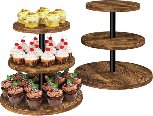 IBUYKE 3 Tier Cupcake Stand,Set of 2,Wood Durable Cupcake Tower,Round Serving Display Stand,Dessert Table Display Tree Tower for Birthday,Home Party, Wedding, Baby Shower,Rustic Brown UTLJ017H-2