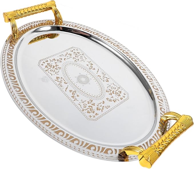 European Style Stainless Steel Serving Tray Vintage Oval Food Storage Tray for Snacks Fruits Desserts Reusable Easy to Clean for Home Restaurant Use Silver Gold Edge