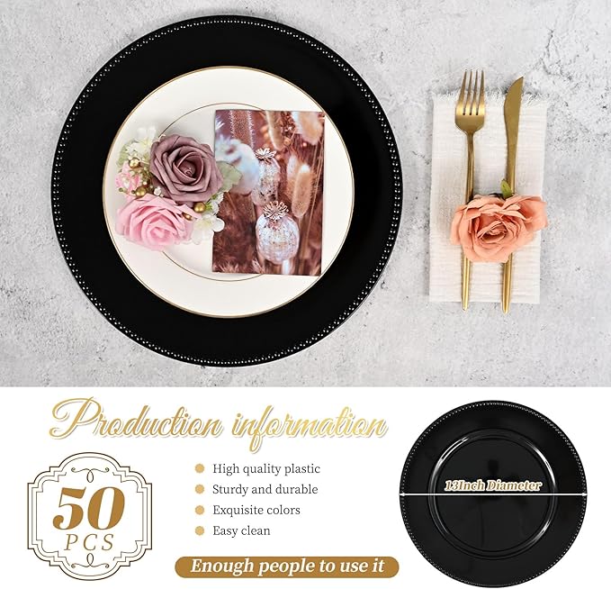 50 Pcs Black Charger Plates Round Charger Plates13 Inch Bulk Wedding Dinner Elegant Reusable Plastic Chargers Plates Wedding Holiday Party Baby Shower Event Decoration (Black)