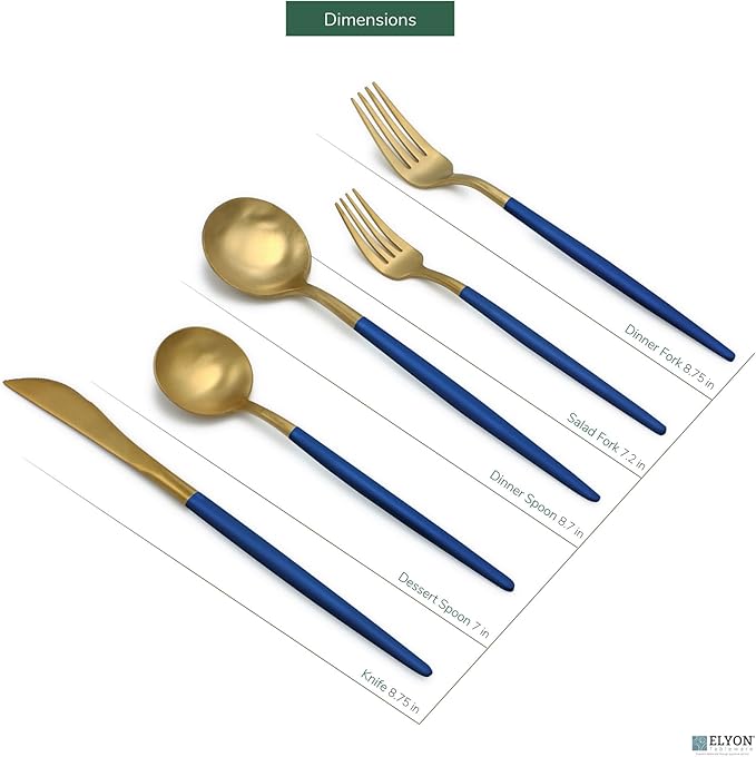 Elyon Lea 20 Piece Matte Gold/Blue Flatware Set, 18/10 Stainless Steel, Blue Thin Handles Silverware Set, Service for 4, Sturdy Cutlery Set, Heavy Duty Modern Satin Finish