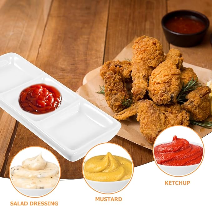 BESTONZON White Ceramic Serving Platter 3 Compartment Appetizer Serving Tray Rectangular Divided Sauce Dishes for Home Hotel Restaurant Kitchen Spices Vinegar Nuts(15cm x 6.5cm/White)