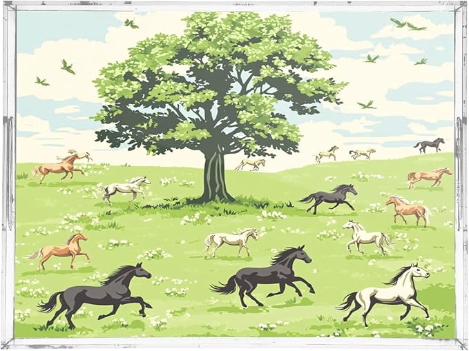Serving Tray with Handles Clear Acrylic Tray 12x16 Inch Decorative Rectangular Tray Organizer for Ottoman Coffee Table Bathroom Green Grassland Tree and Horses