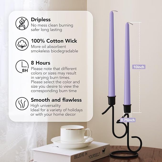 New Burning Formula Unscented Dripless 10-Inch Taper Candles Set of 12 - Lavender, for Wedding, Dinner - Smokeless, Long Burning - Hand Poured, Colored Tall Candlesticks - Lavanda