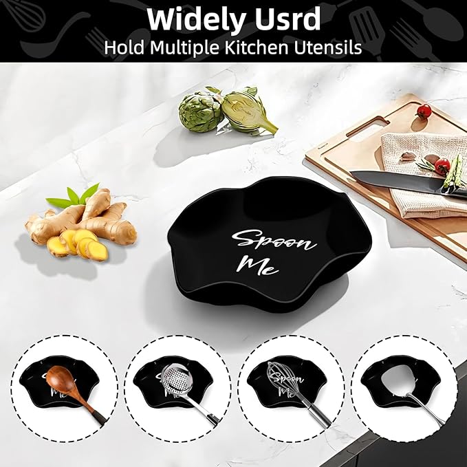 Funny Ceramic Spoon Rest for Kitchen Counter Stove Top, 5.8 Inch Heat-Resistant Utensil Holder for Cooking, Spoons, Ladles, Tongs, Cute Kitchen Decor, Housewarming Gift for Women Men (Black)