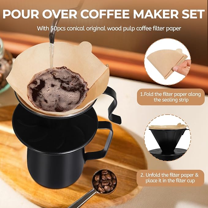 Uncoated Pour Over Coffee Maker 350ml Milk Frothing Pitcher 304 Thickened Stainless Steel Drip Coffeemaker Set with 50pcs V60 Cone Paper Filters Hand Brew Dripper Carafe for Home Camping Travel 12oz