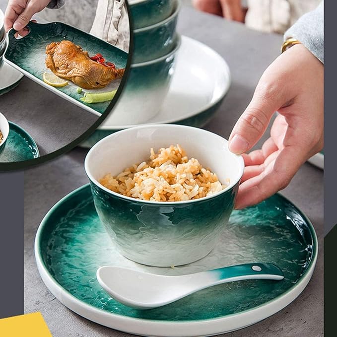 Dinnerware Set Dinner Party Tableware Service Set 51pcs of Nordic Bone China Dinner Bowl Set Porcelain Bowl and Plate White Green Stone Texture High-end Ceramic Bowl and Saucer