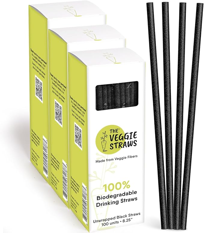 – 300 PCS of 8.25 Inches Unwrapped Biodegradable Black Straws – Made of Vegetable Fibers, Best Environment Friendly Drinking Straws for Hot and Cold Beverages