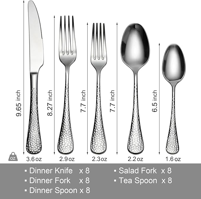 Premium 45 Piece Hammered Silverware Set with Smooth Edge, 18/10 Stainless Steel, Service for 8, Fine Flatware Set, Dishwaser Safe(45)