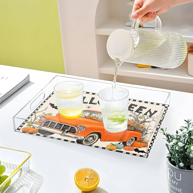 Serving Tray with Handles Clear Acrylic Tray 12x16 Inch Decorative Rectangular Tray Organizer for Ottoman Coffee Table Bathroom Orange Truck Halloween Bat Pumpkin