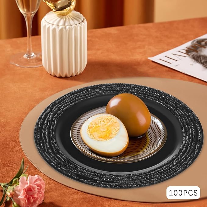 100 Pcs Antique Charger Plates Bulk 13 Inch Embossed Rim Plastic Party Dinner Plate Chargers Round Decorative Server Plate for Wedding Party Event Tableware (100pcs-black3)