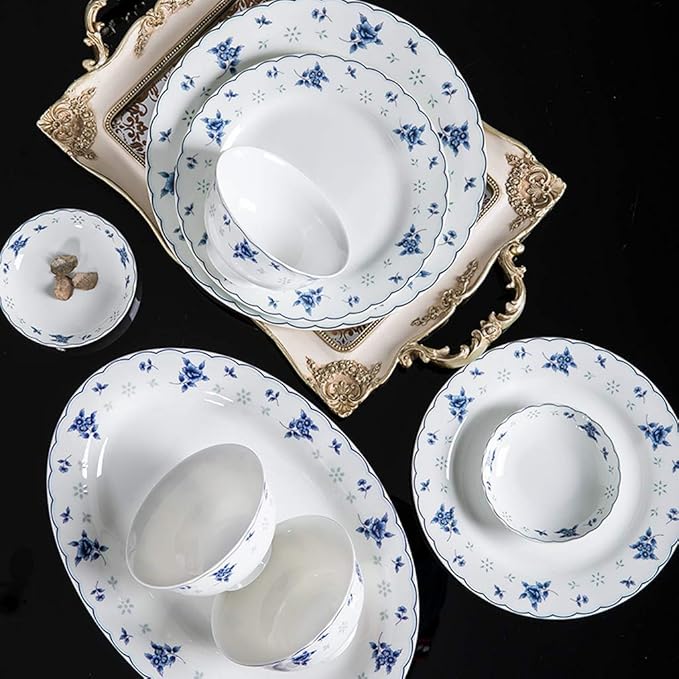 Blue and White Porcelain Tableware Set, 48 Pieces of Ceramic Tableware, Bone China Safe Material, Family Gathering Tableware, Wedding Gift Tableware