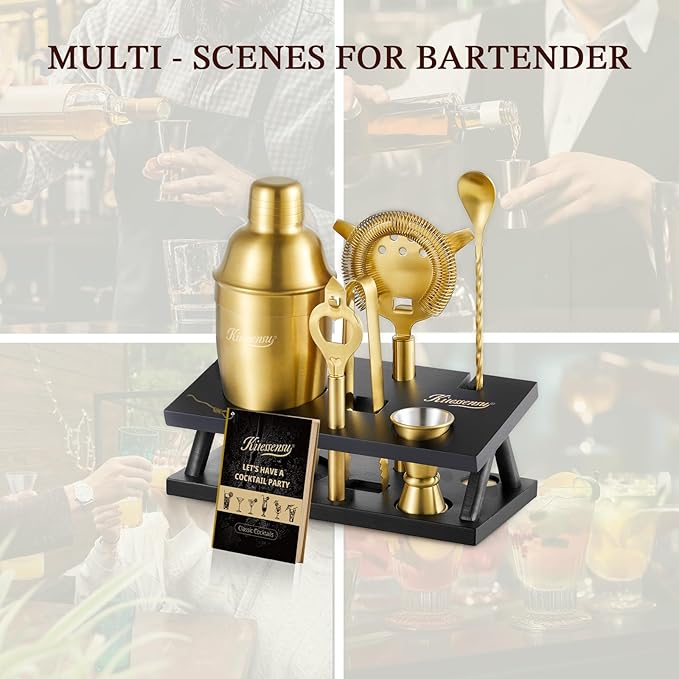 KITESSENSU Cocktail Shaker Set Bartender Kit, 6-Piece Silver Bar Set with Stand, Gold