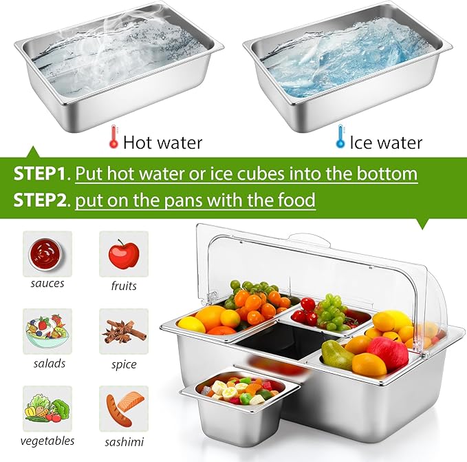 Countertop Food Serving Display Container and Clear Roll Top Cover Stainless Steel Food Serving Tray Buffet Condiment Dispenser Display Rack for Restaurant Hotel Kitchen Party (5 Pan)
