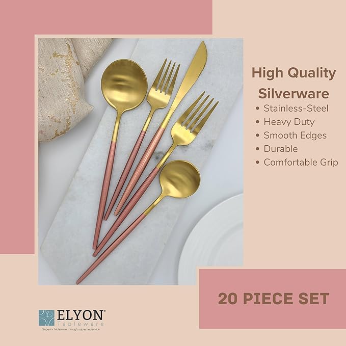 Elyon Lea 20-Piece Matte Gold/Rose Lea Flatware Set, Stainless Steel, Rose Thin Handles, Service For 4