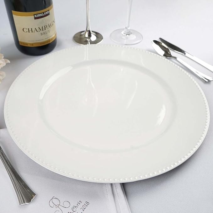 13" Charger Plates -Set of 24 - Acrylic White Round Beaded Disposable Chargers, Ideal for Dinner Party Wedding Bulk Events Tabletop Decoration