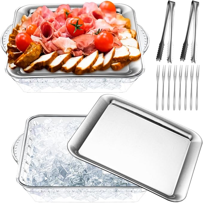 Baderke 9" Chilled Serving Tray for Christmas Parties Ice Chilled Party Platter Charcuterie Serving Board Cold Dish Dip with Forks Tongs for Fruit Seafood Vegetable Appetizer(Silver,2 Set)
