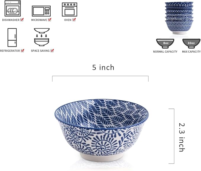Selamica Porcelain 11oz Ice Cream Bowls Set of 6, Small Bowls, Ceramic bowls for Dessert, Ice Cream, Vintage Blue