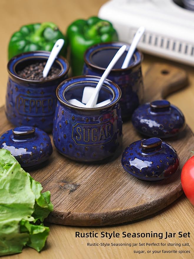 GDCZ 10 Oz Sugar Pepper and Salt Bowls with Lid and Spoon, Ceramics Seasoning Container, Seasoning Jar Spice Container for Kitchen,Dishwasher Safe, Set of 3 (Blue)