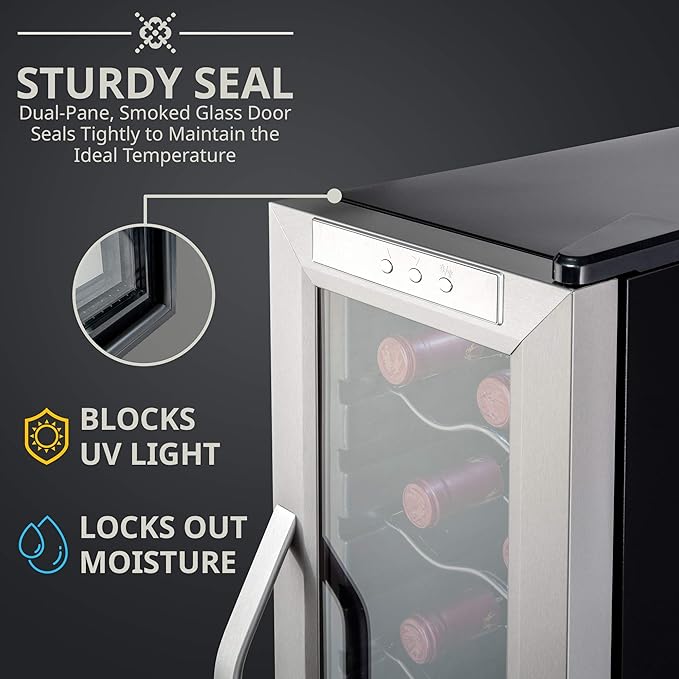 Ivation 12 Bottle Compressor Wine Cooler Refrigerator w/Lock | Large Freestanding Wine Cellar Fridge For Red, White, Champagne or Sparkling Wine | 41f-64f Digital Temperature Control Stainless Steel