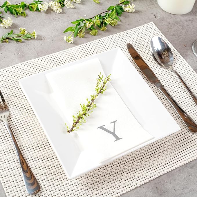 Luxenap 15.8 X 7.9 Inch Linen-Feel Guest Towels, 50 Lettered Hand Towels - Silver Letter 'Y', Sans Serif Font, White Paper Dinner Napkins, airlaid, For Restrooms And Tables - Restaurantware