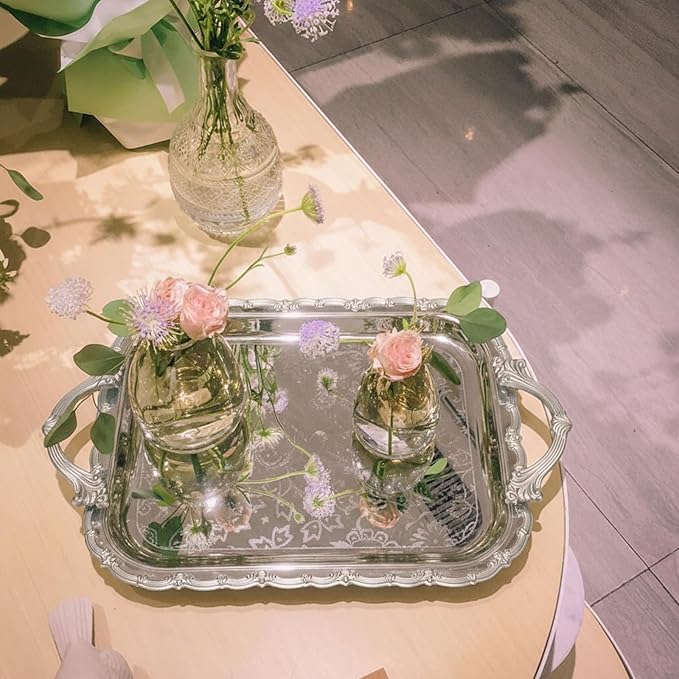 4 Pcs Silver Serving Tray with Handles Elegant Victoria Floral Engraved Metal Platters Large Decorative Trays for Buffet,Wedding Party, Jewelry Display, Service(Classic,Sliver)