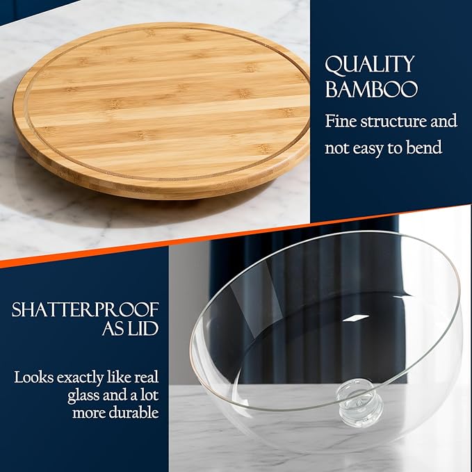 Masthome Bamboo Christmas Cake Stand with Lid, Rotating Cake Holder with Dome, Dessert Table Display Set with Clear Cover, BPA Free Cake Plate with Cover for Birthday/Kitchen/Party/Charcuterie