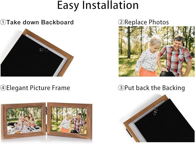 5X7 Double Wooden Hinged Picture Frame Vertical and Horizontal in Distressed Farmhouse Wood Grain, Display 4x6 with Mat or 5x7 without Mat, Folding Photo Frame with Real Glass Front for