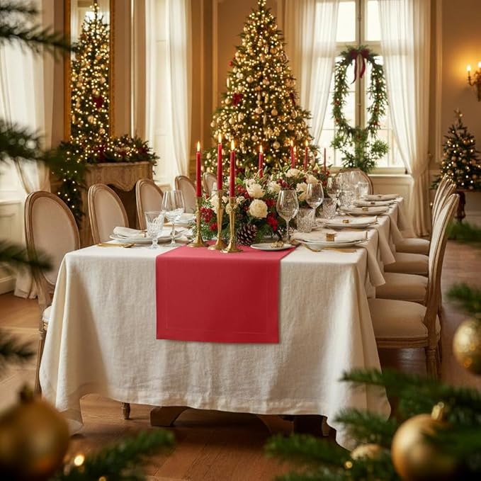 D'Moksha Homes Linen Bright Red Table Runner 108 Inches Long - 100% Pure Linen Dining Table Runner 14 x 108 Inch for Winter, Christmas, Holiday, New Year - Machine Washable