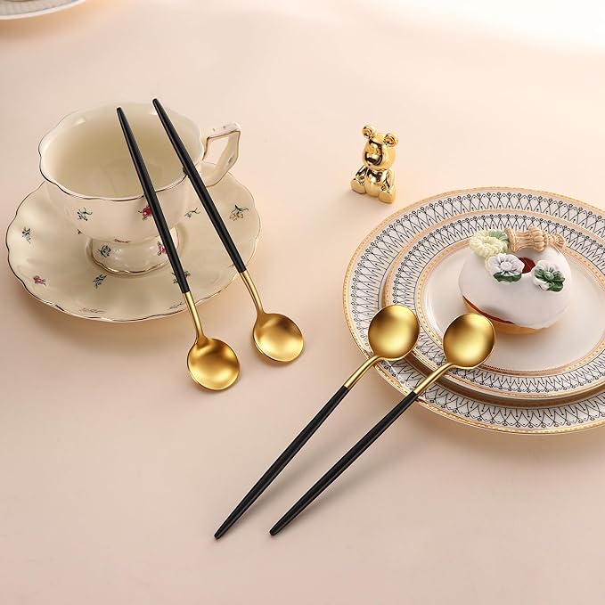 4 PCs 6.7 Inches Brush Gold Stainless Steel 304 Iced Tea Spoons With Black Handle,Long Handle Coffee Stirring Spoon,SS18/10 Matte Gold Black Handle Teaspoons